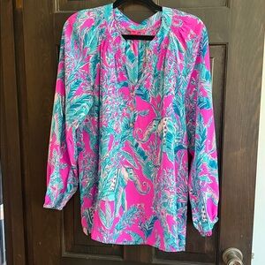 LILLY PULITZER Elsa Silk Top 
Talk Story to Me Mandevilla Pink $158 XL